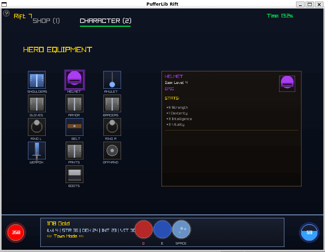 Town mode equipment screen