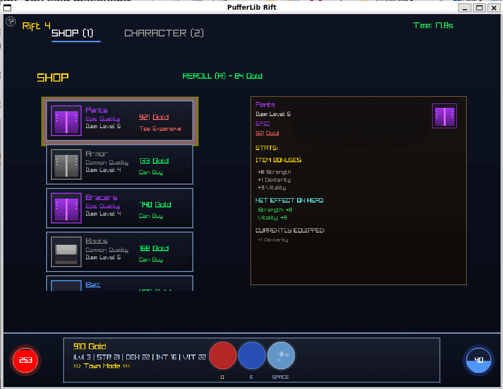 Town mode shop screen